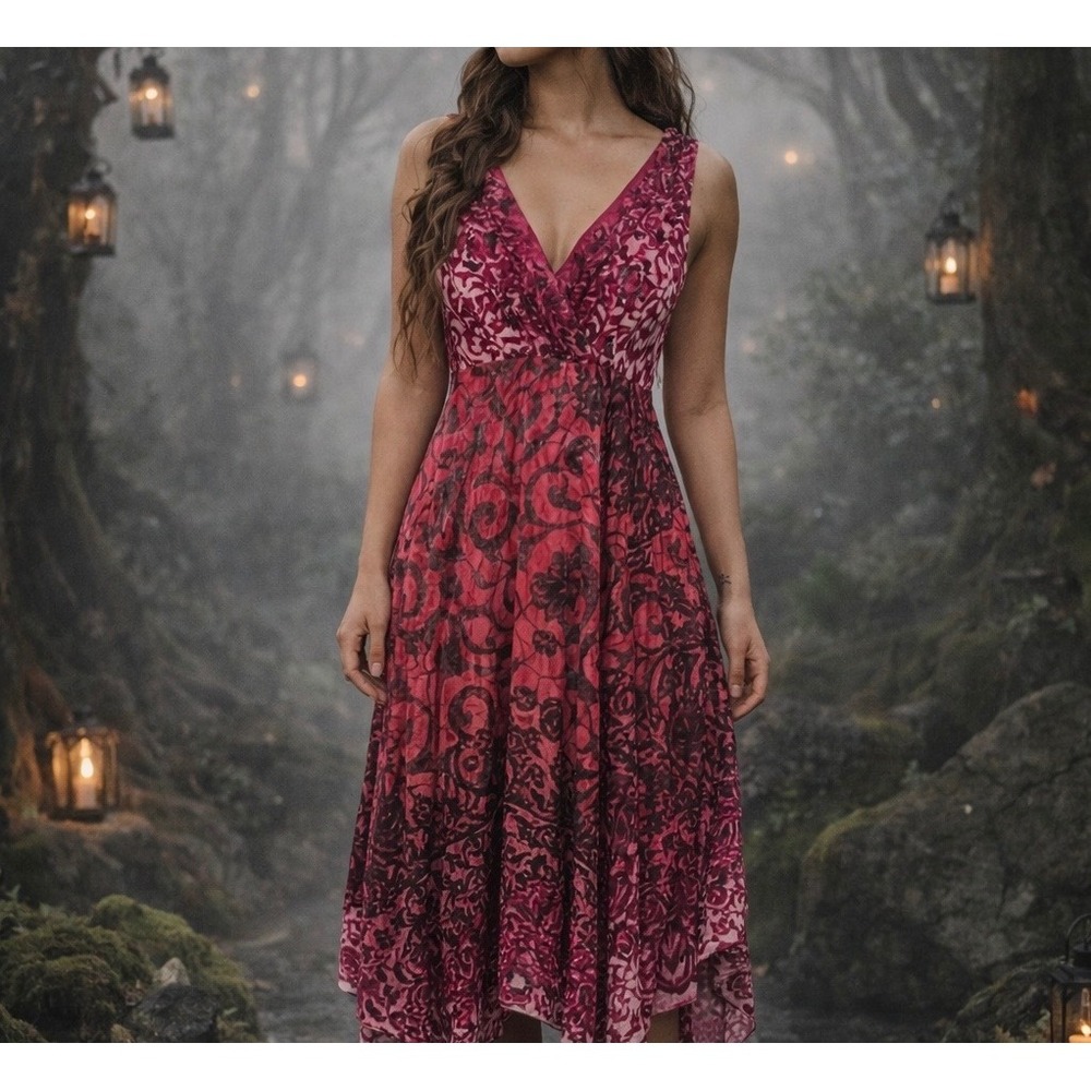 Womens 14 Midi Dress Fairy Artsy Pink Whimsical Feminine Hippie Romantic‎ y2k